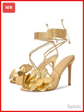 Faux Leather Lace Up Floral Heeled Sandals Round Toe Stiletto Formal